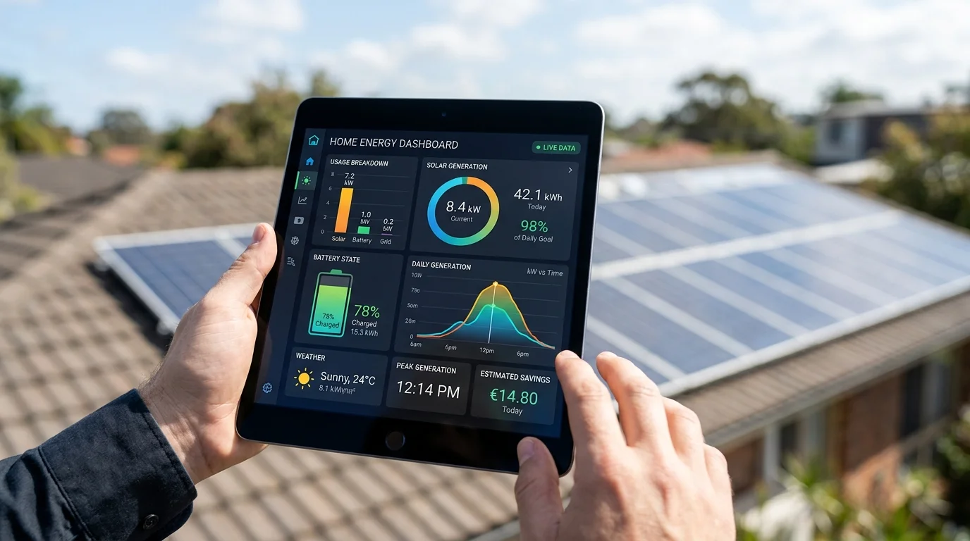 Màn hình giám sát hệ thống năng lượng thông minh hiển thị dữ liệu solar trực quan