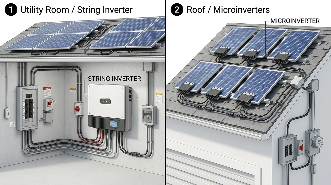 Bản đồ so sánh sơ đồ kết nối hệ thống string inverter truyền thống và hệ thống microinverter cho điện mặt trời