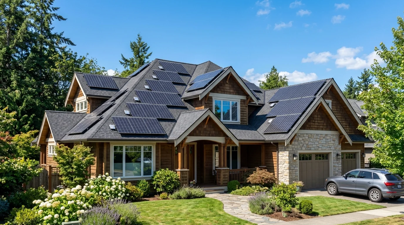 Mái nhà dốc nhiều hướng lắp đặt các tấm pin sử dụng công nghệ microinverter cho điện mặt trời
