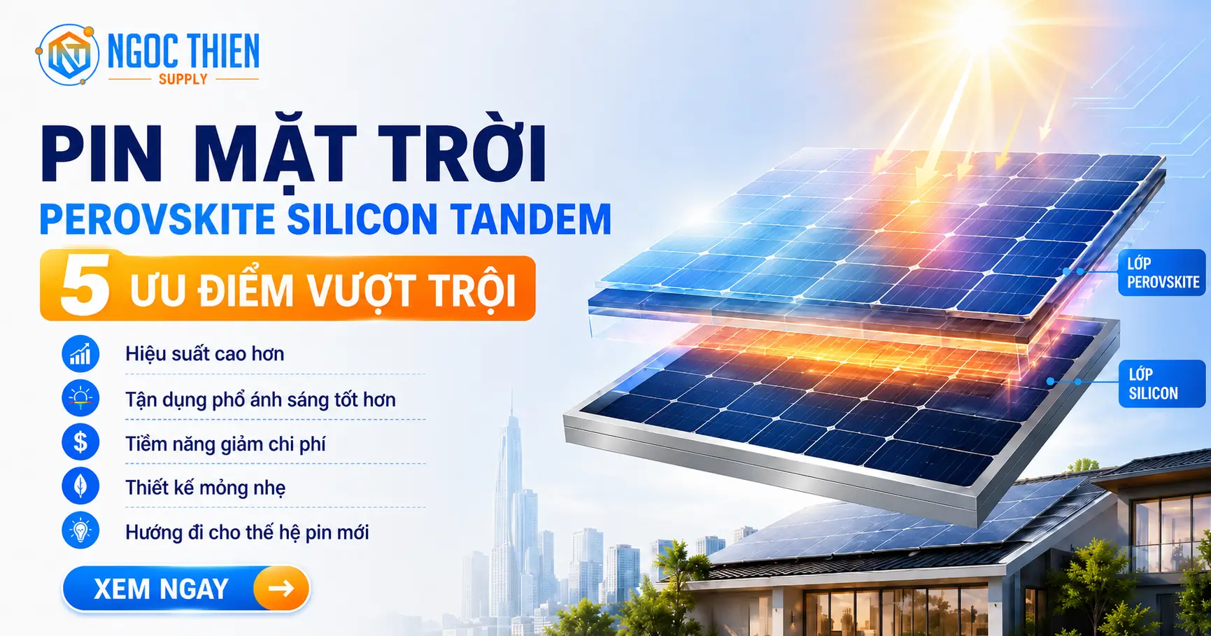 Taoj ảnh đại diện bài viết kích thước 1200:630px cho chủ đề "Pin mặt trời perovskite silicon tandem: 5 ưu điểm vượt trội" Kèm logo tôi tải lên