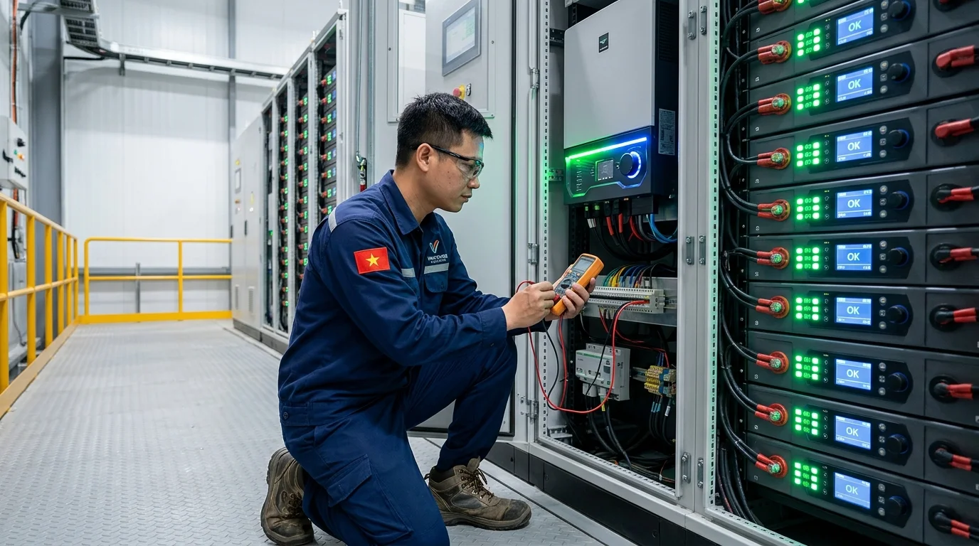 Kỹ thuật viên Việt Nam kiểm tra hệ thống lưu trữ điện mặt trời thế hệ mới sử dụng công nghệ lưu trữ tiên tiến