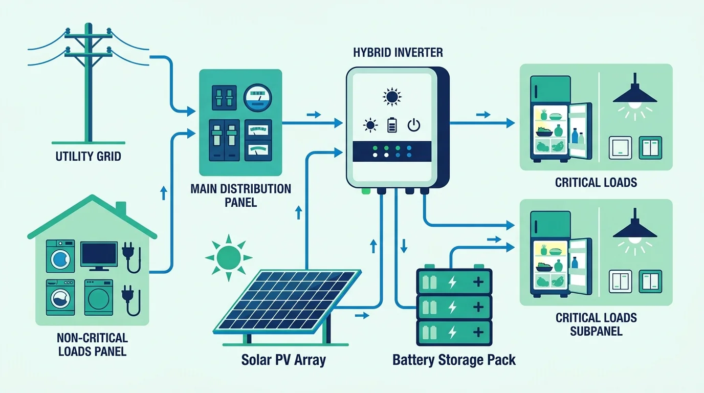 Nguyên lý đấu nối chế độ backup inverter hybrid bảo vệ thiết bị ưu tiên
