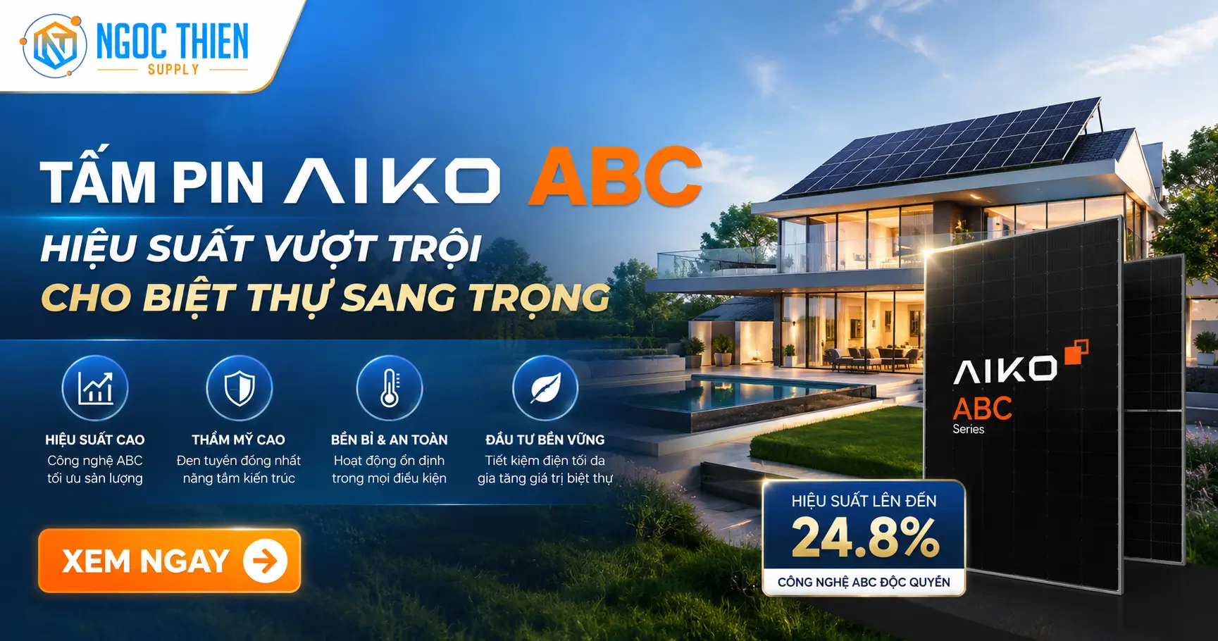 Tấm pin Aiko ABC hiệu suất vượt trội cho biệt thự sang trọng