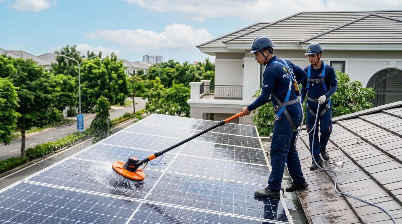 Nhân viên kỹ thuật thực hiện vệ sinh tấm pin nhằm tối ưu chi phí vận hành bảo trì điện mặt trời