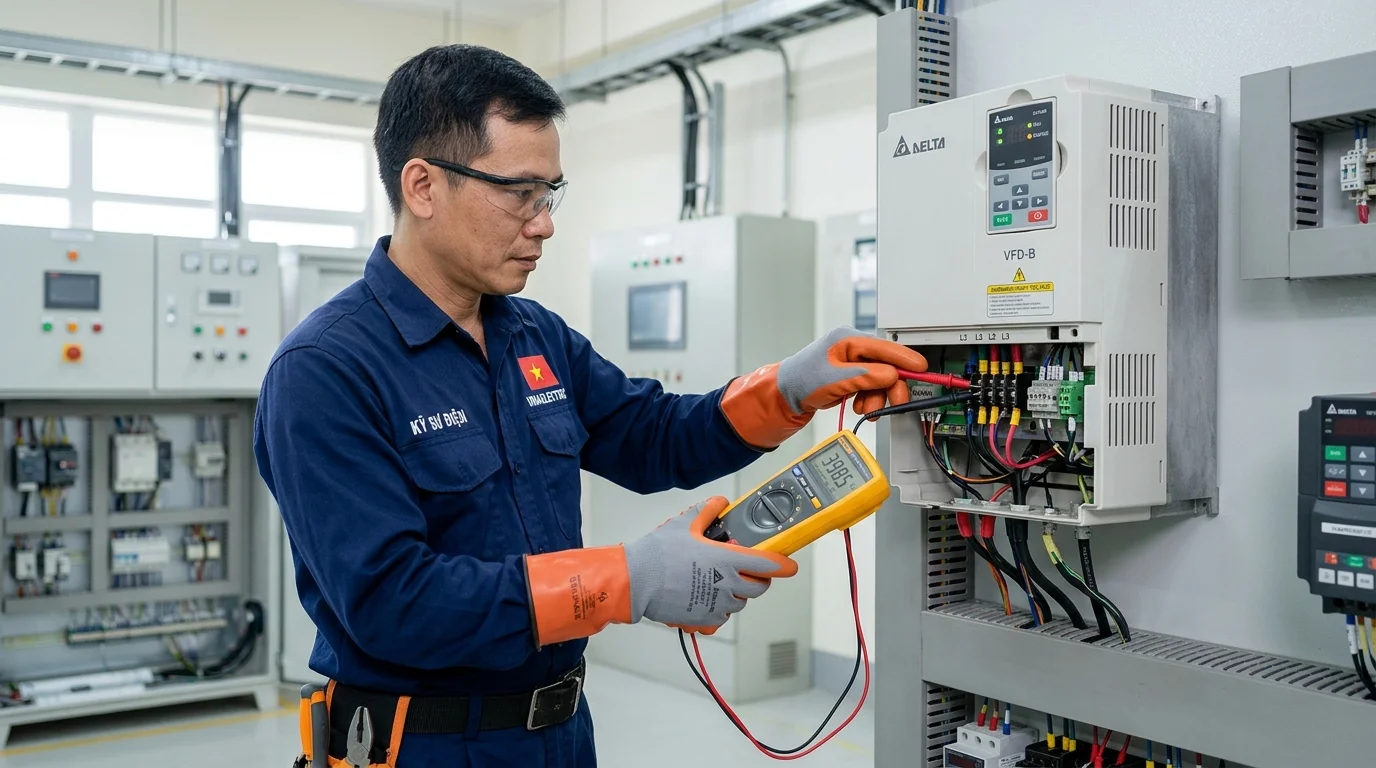 Kỹ sư điện đang đeo găng tay bảo hộ đo điện áp ngõ ra của biến tần inverter bằng đồng hô vạn năng