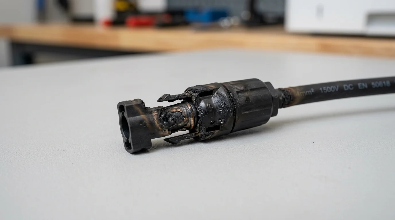 Hình ảnh một đầu nối jack MC4 bị cháy sém đen do rỉ sét tiếp xúc lỏng lẻo phát sinh hồ quang