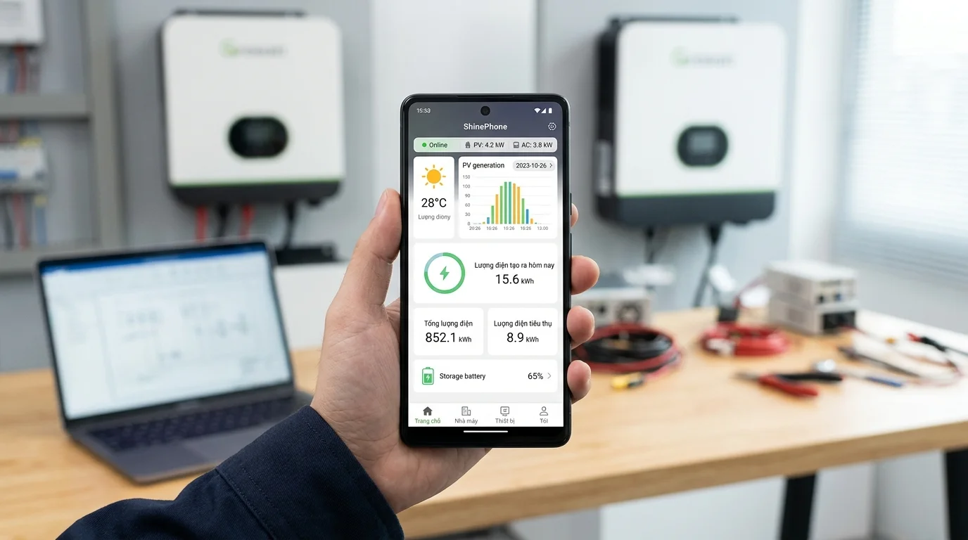 Giao diện đồ họa ứng dụng ShinePhone của Growatt trên màn hình điện thoại