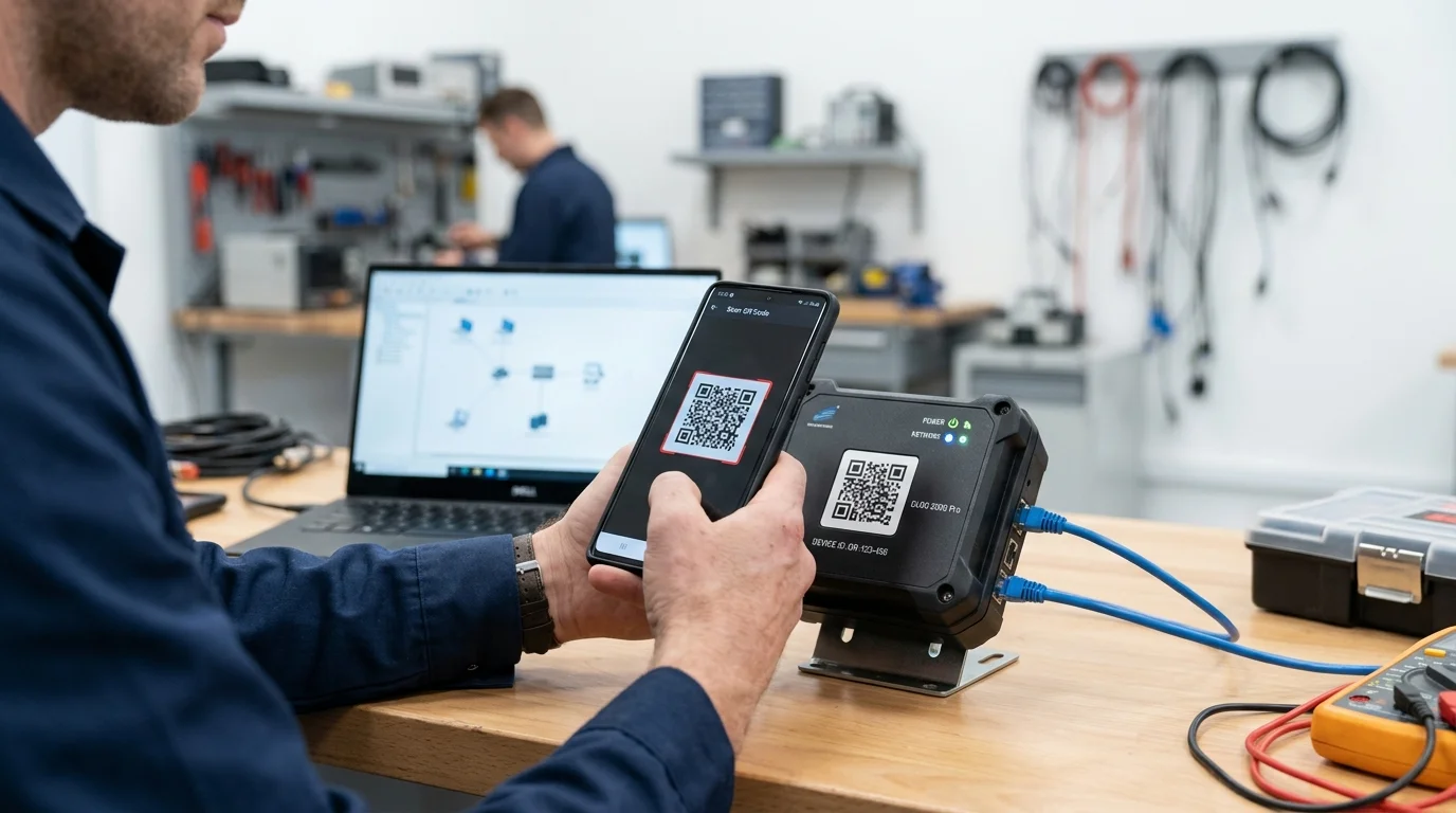 Kỹ thuật viên quét mã QR thiết bị datalogger để giám sát hệ thống điện mặt trời qua điện thoại