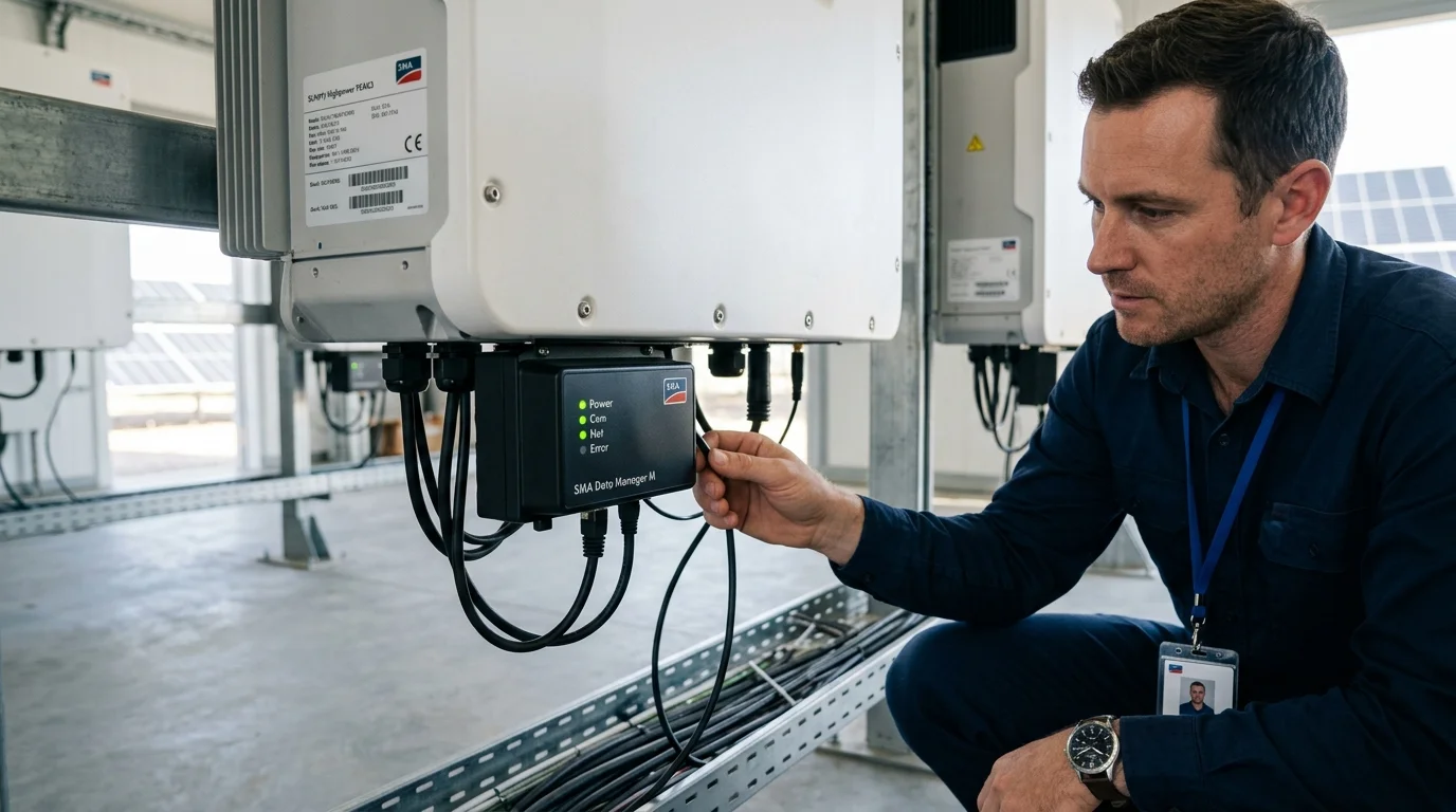 Cục datalogger cắm ở đáy inverter đang nhấp nháy đèn báo kết nối internet