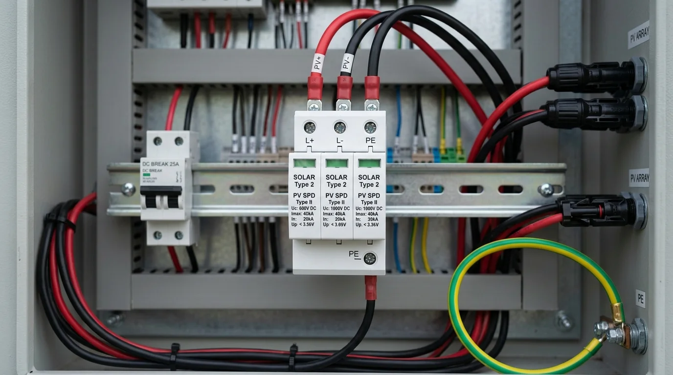 Cận cảnh thiết bị chống sét lan truyền SPD màu cam gắn trên thanh ray nhôm trong tủ điện