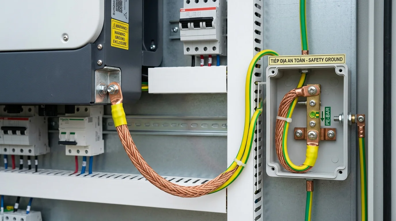 Ảnh chụp tủ điện kỹ thuật sạch sẽ hiển thị đầu dây tiếp địa đồng dày được cắm chắc chắn