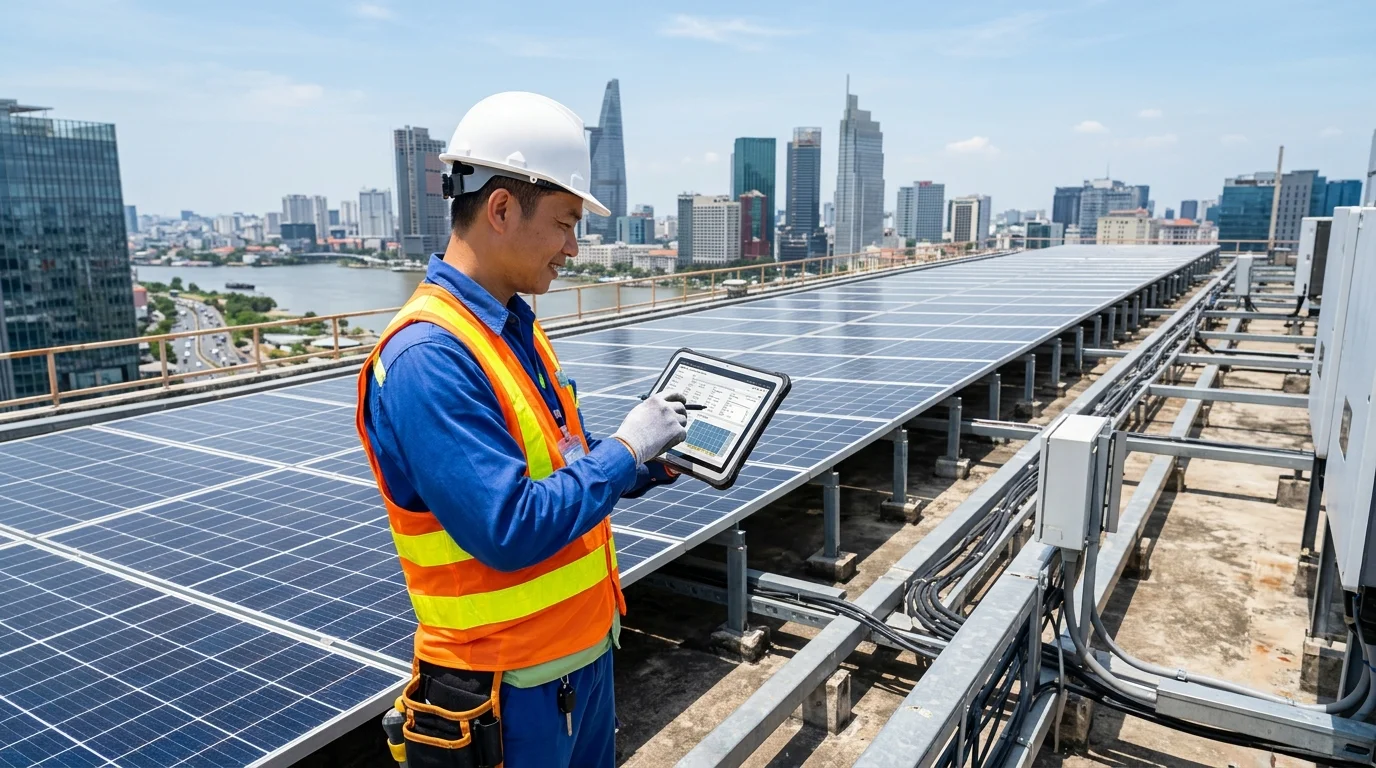Kỹ sư giám sát vận hành điện mặt trời cho tòa nhà văn phòng ESG chuyên nghiệp
