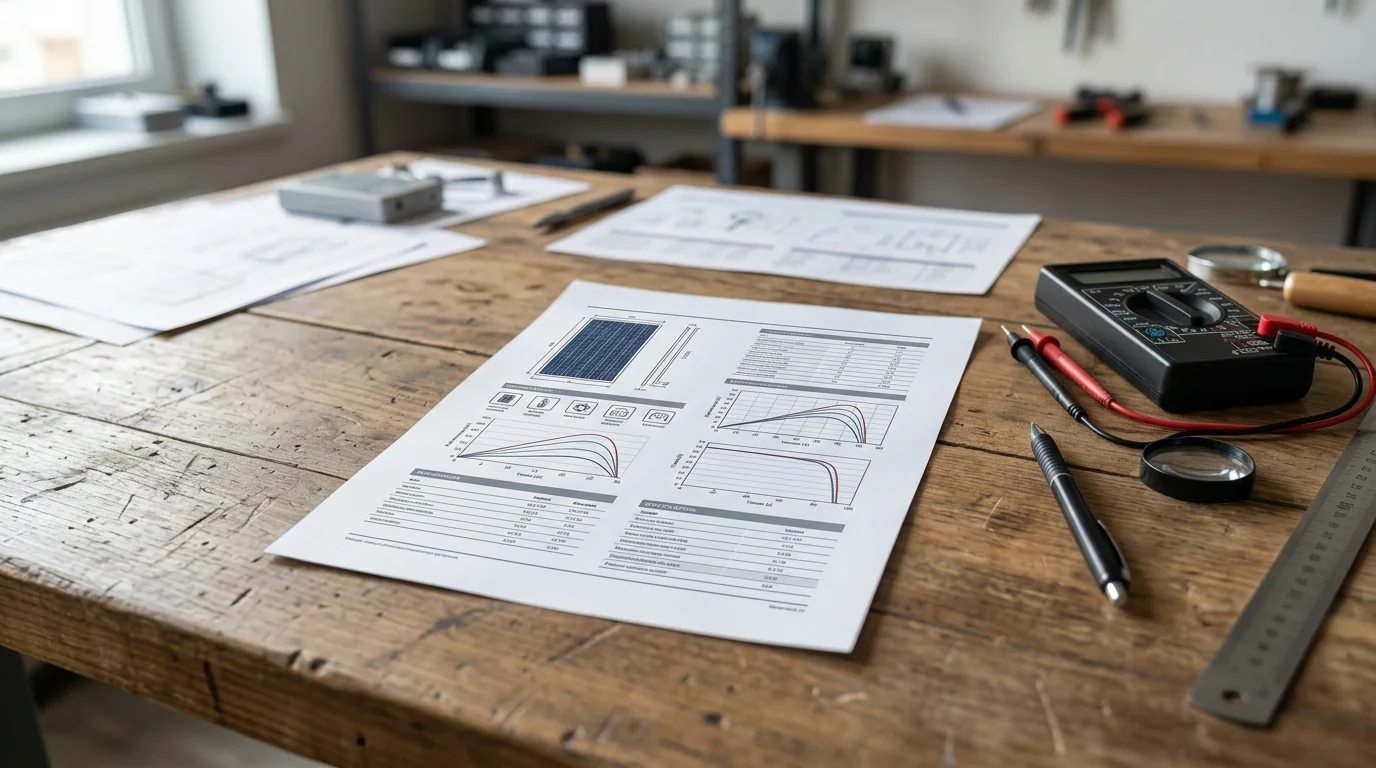 Datasheet giấy in bảng thông số kỹ thuật tấm pin mặt trời đặt trên bàn kỹ thuật