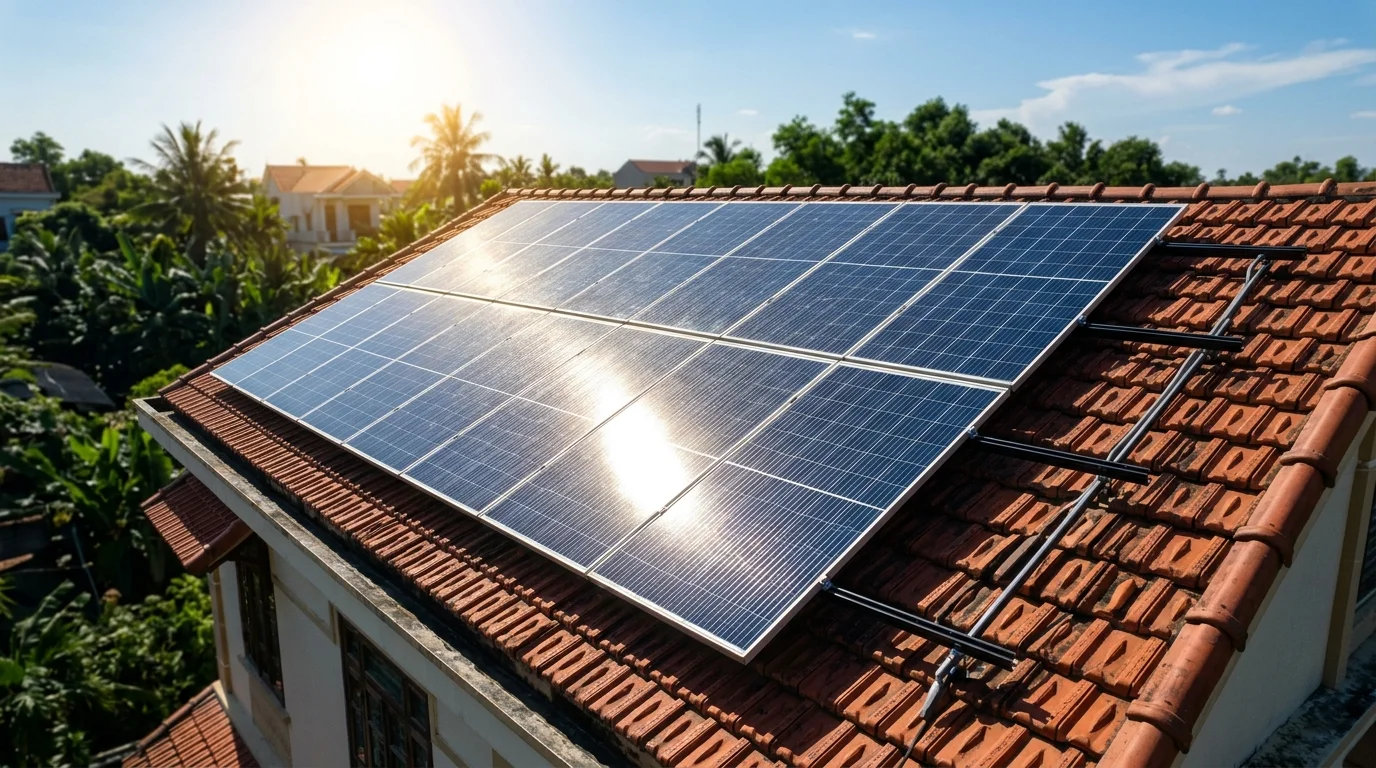 Các tấm pin mặt trời lắp trên mái ngói phản chiếu ánh nắng chói chang giữa trưa nắng gắt