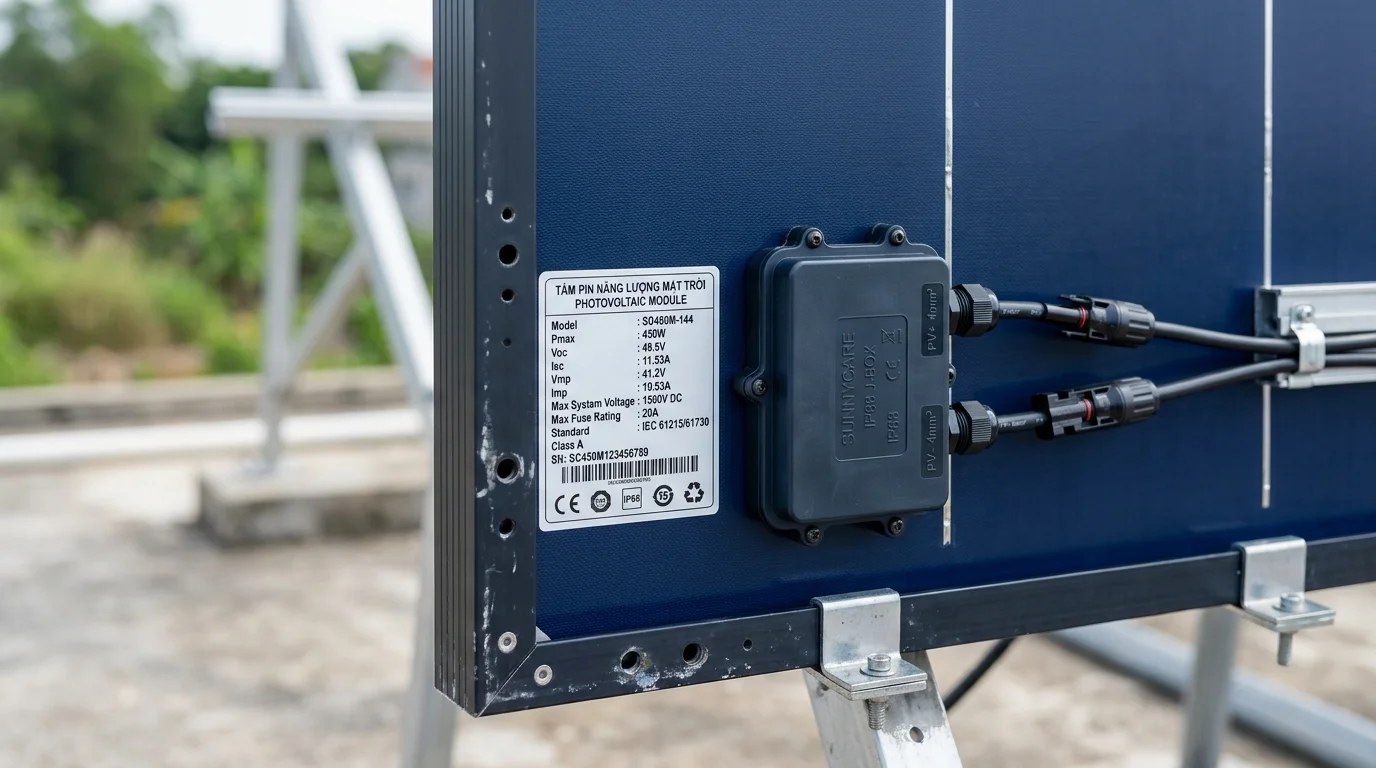 Mặt sau tấm pin mặt trời hiển thị hộp đấu nối cáp IP68 và các nhãn mác thông số kỹ thuật dán góc