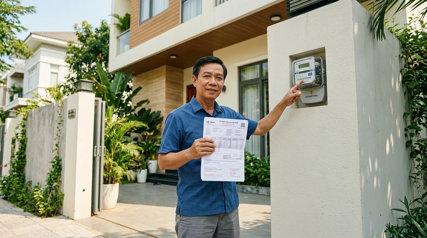 Chủ nhà cầm hóa đơn điện và kiểm tra công tơ hai chiều