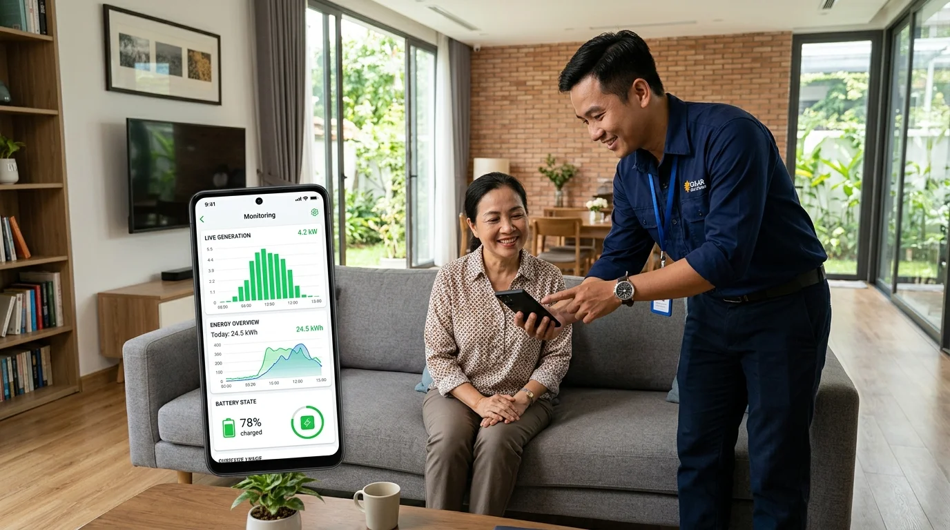 Kỹ thuật viên tư vấn cách theo dõi sản lượng điện mặt trời qua app