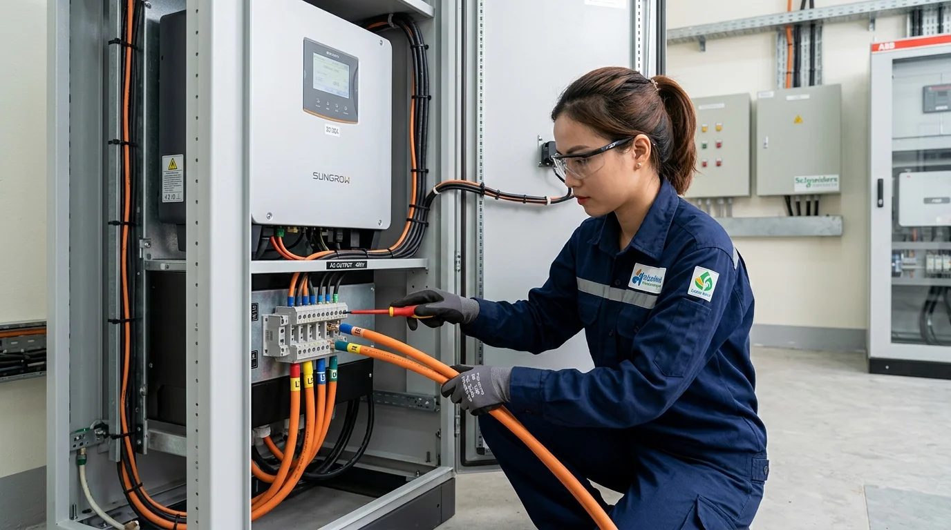 Kỹ sư đang đấu nối cáp AC vào cổng ra của bộ biến tần inverter gắn trên tường phòng kỹ thuật
