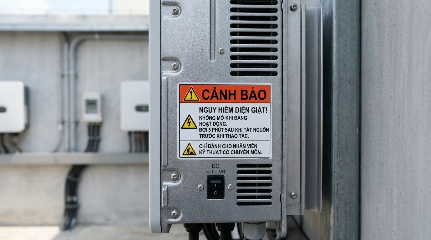 Cận cảnh nhãn cảnh báo nguy hiểm và sơ đồ điện áp dán trên vỏ nhôm bảo vệ của inverter