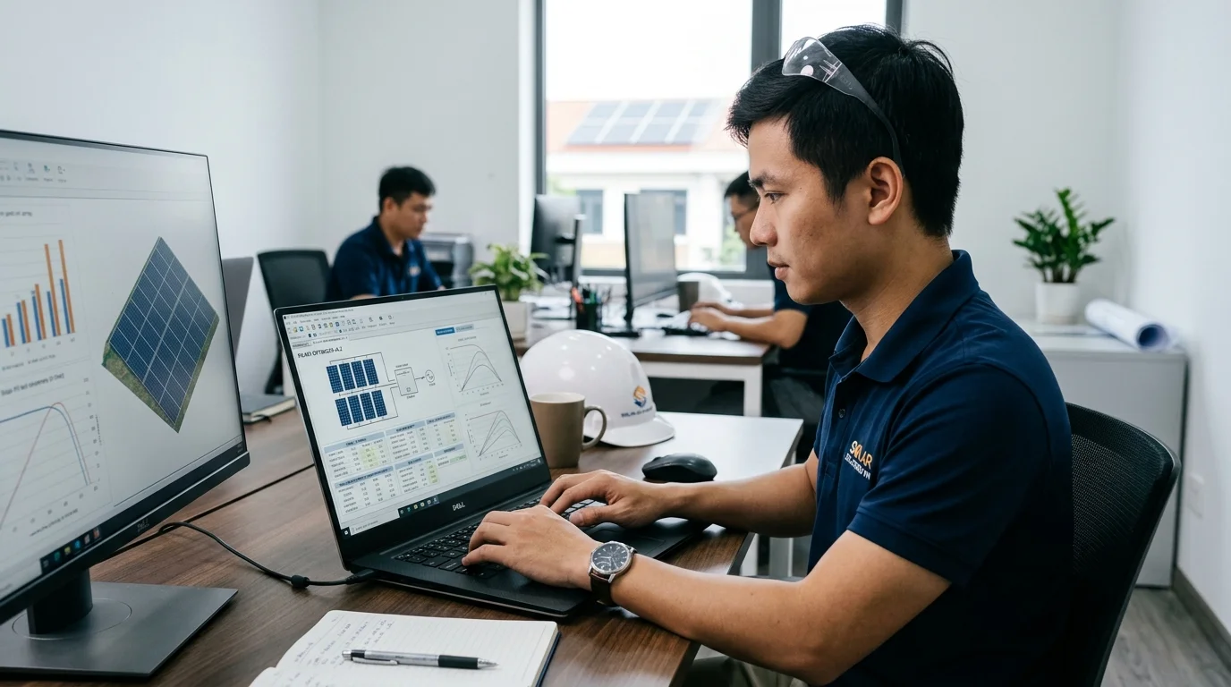Kỹ sư đang gõ máy tính hiển thị bảng tính toán tương thích pin và inverter trên phần mềm