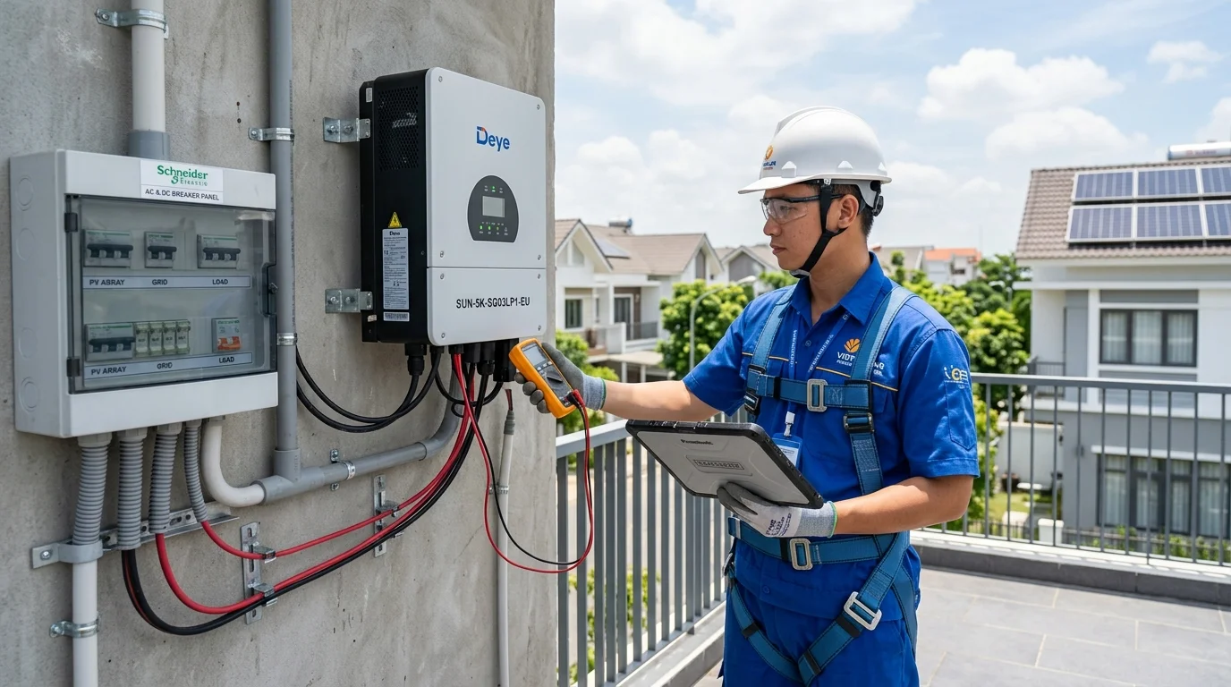 Kỹ sư của Công ty TNHH Cung ứng Ngọc Thiên đang kiểm tra đấu nối tủ điện bảo vệ cho biến tần Luxpower ECO