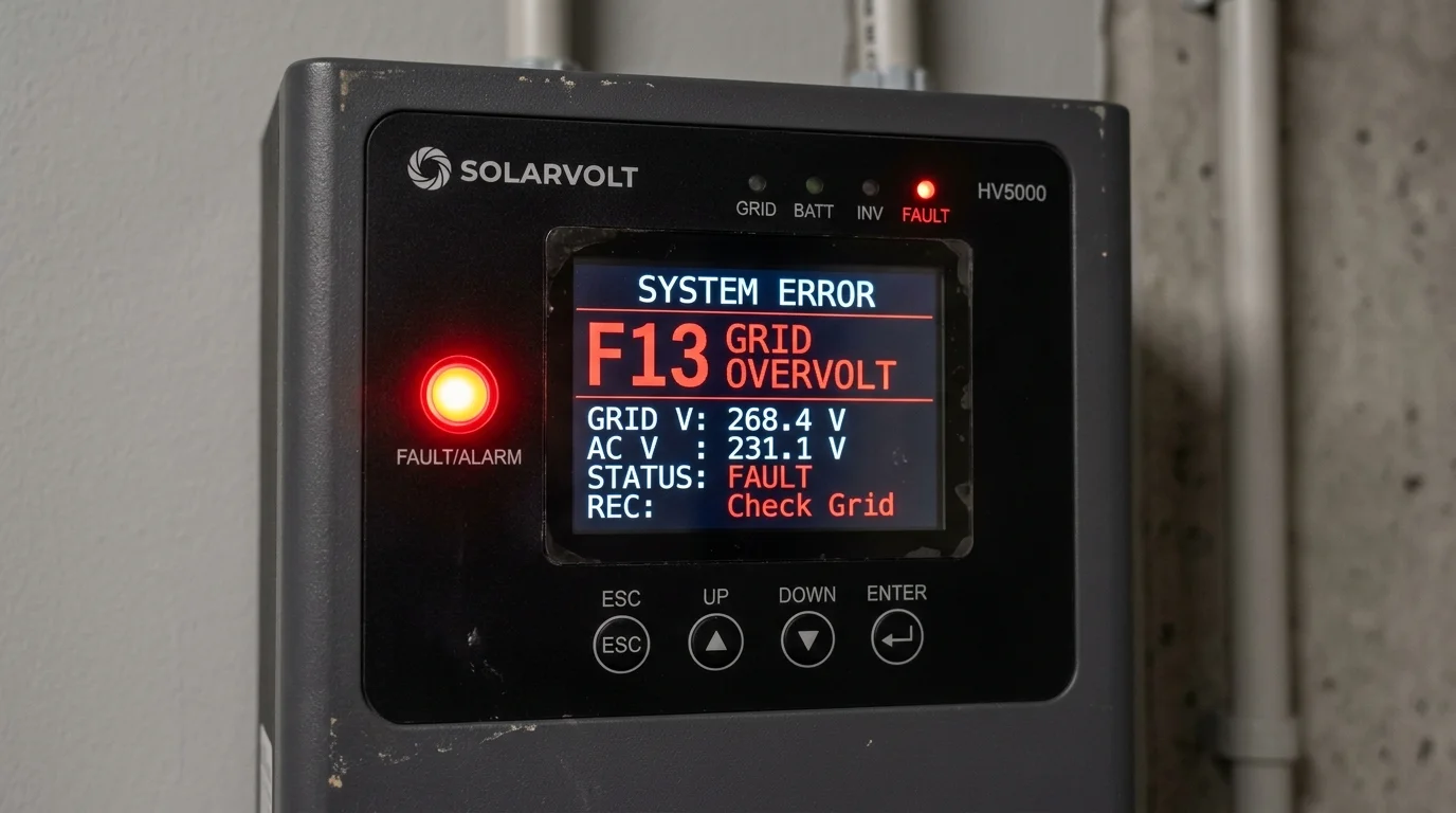 Màn hình cảnh báo hiển thị lỗi inverter thường gặp F13 quá áp lưới điện