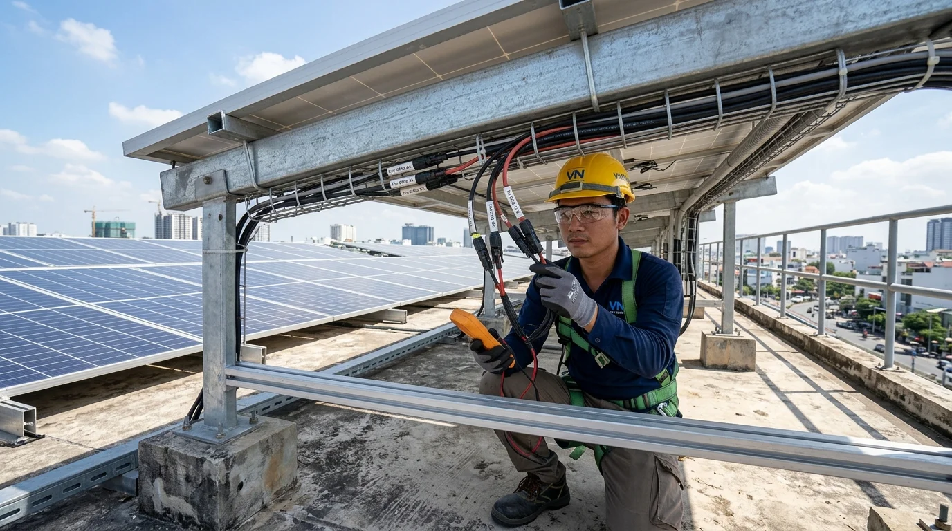 Kỹ sư đo kiểm tra rò rỉ điện trở cách điện hệ solar trên mái nhà