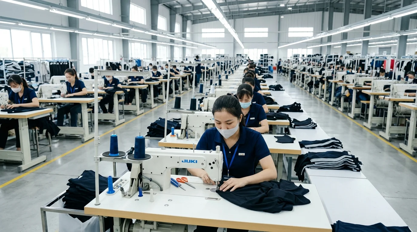 Công nhân đang vận hành máy may công nghiệp trong nhà xưởng may rộng lớn và sáng sủa