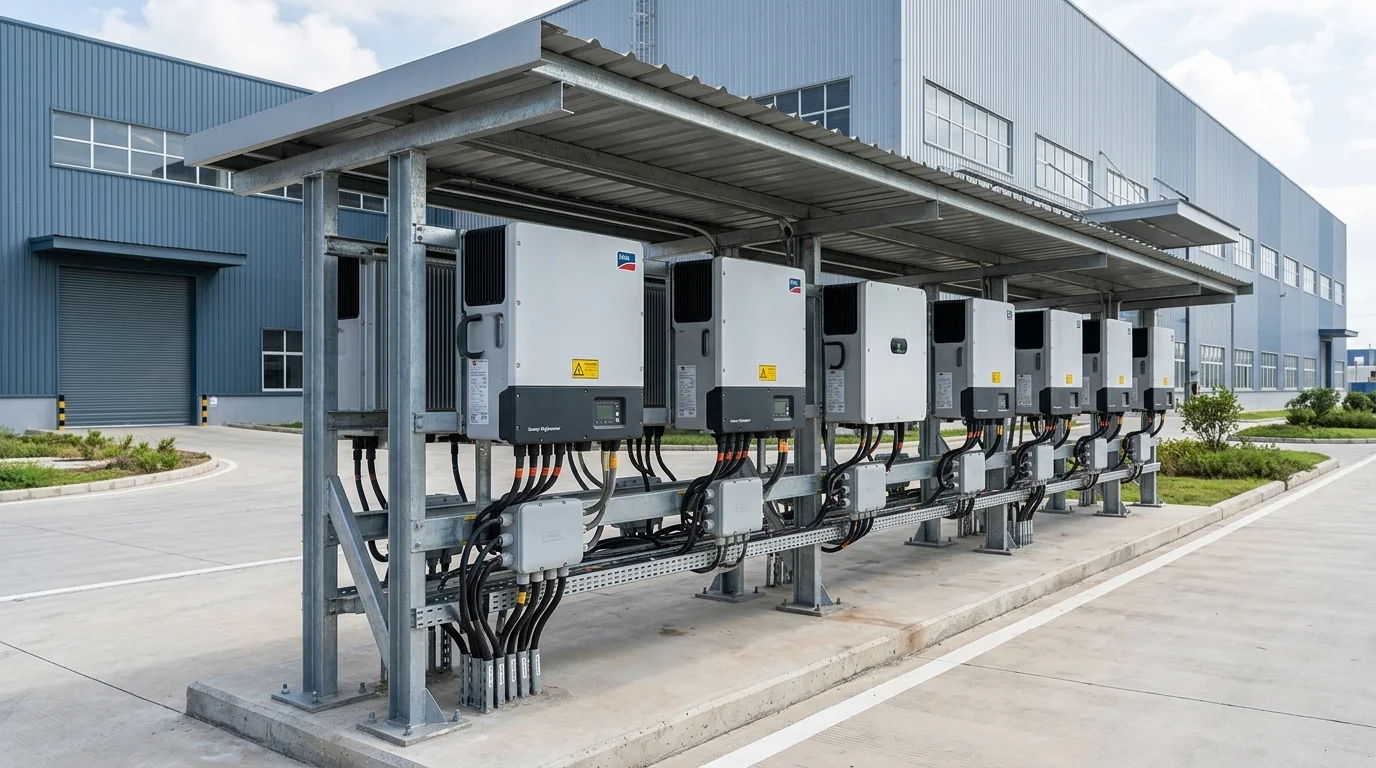 Dãy các inverter công nghiệp công suất lớn gắn gọn gàng trên khung thép có mái che bên hông nhà xưởng