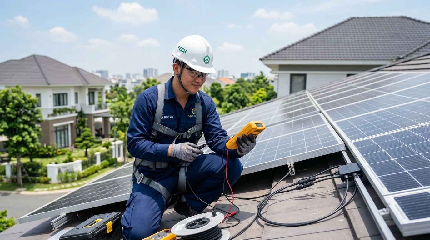Kỹ sư kiểm tra hệ thống tấm pin mặt trời trong mô hình hợp tác