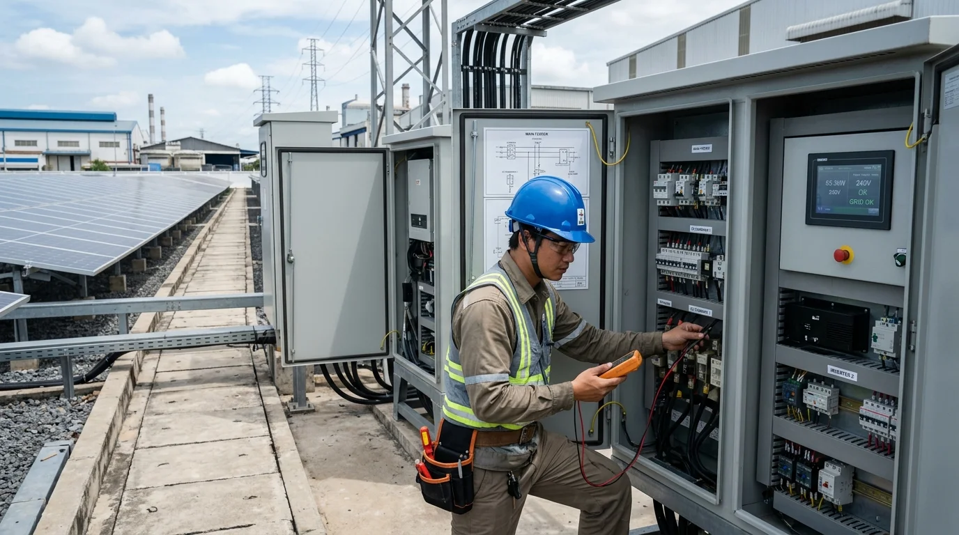 Kỹ sư kiểm tra hệ thống điều khiển lưới điện siêu nhỏ microgrid tại khu công nghiệp