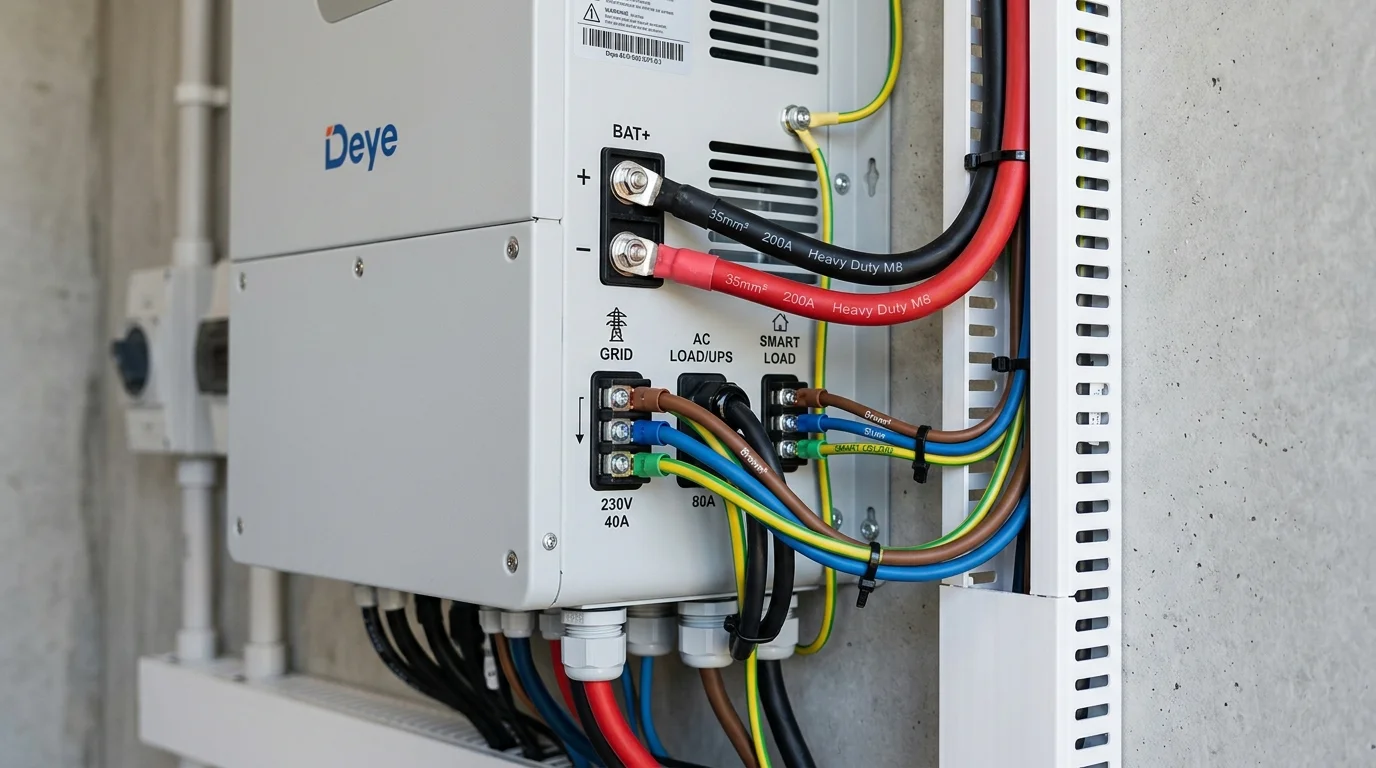 Các cổng kết nối Smart Load và cáp pin lưu trữ của biến tần Deye
