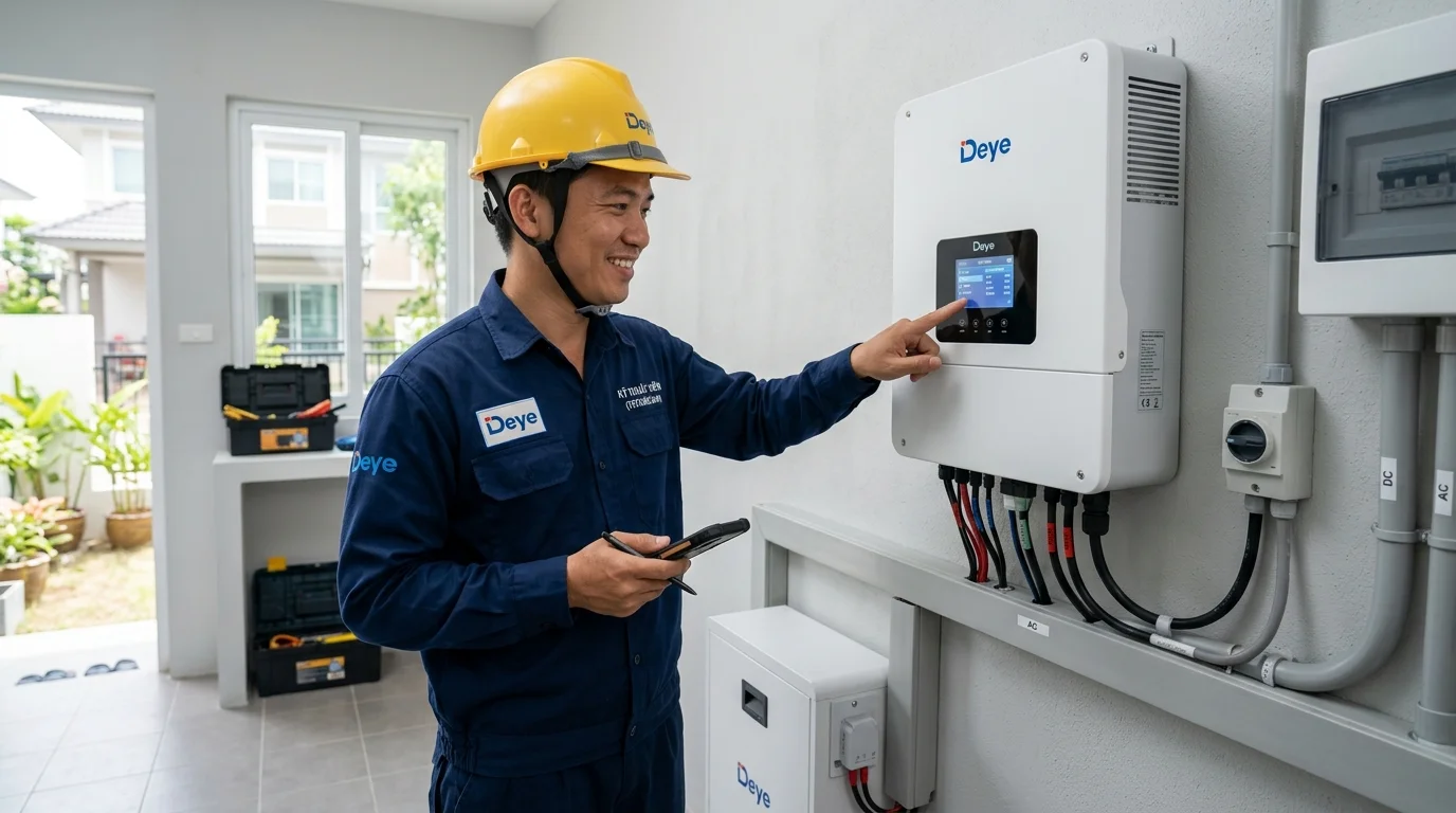Kỹ thuật viên thao tác cài đặt các thông số trên màn hình cảm ứng Deye