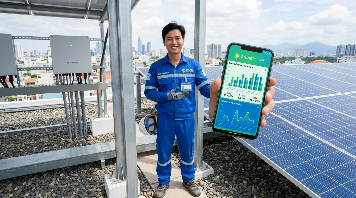 Kỹ sư giám sát sản lượng điện mặt trời qua app ShinePhone trên điện thoại