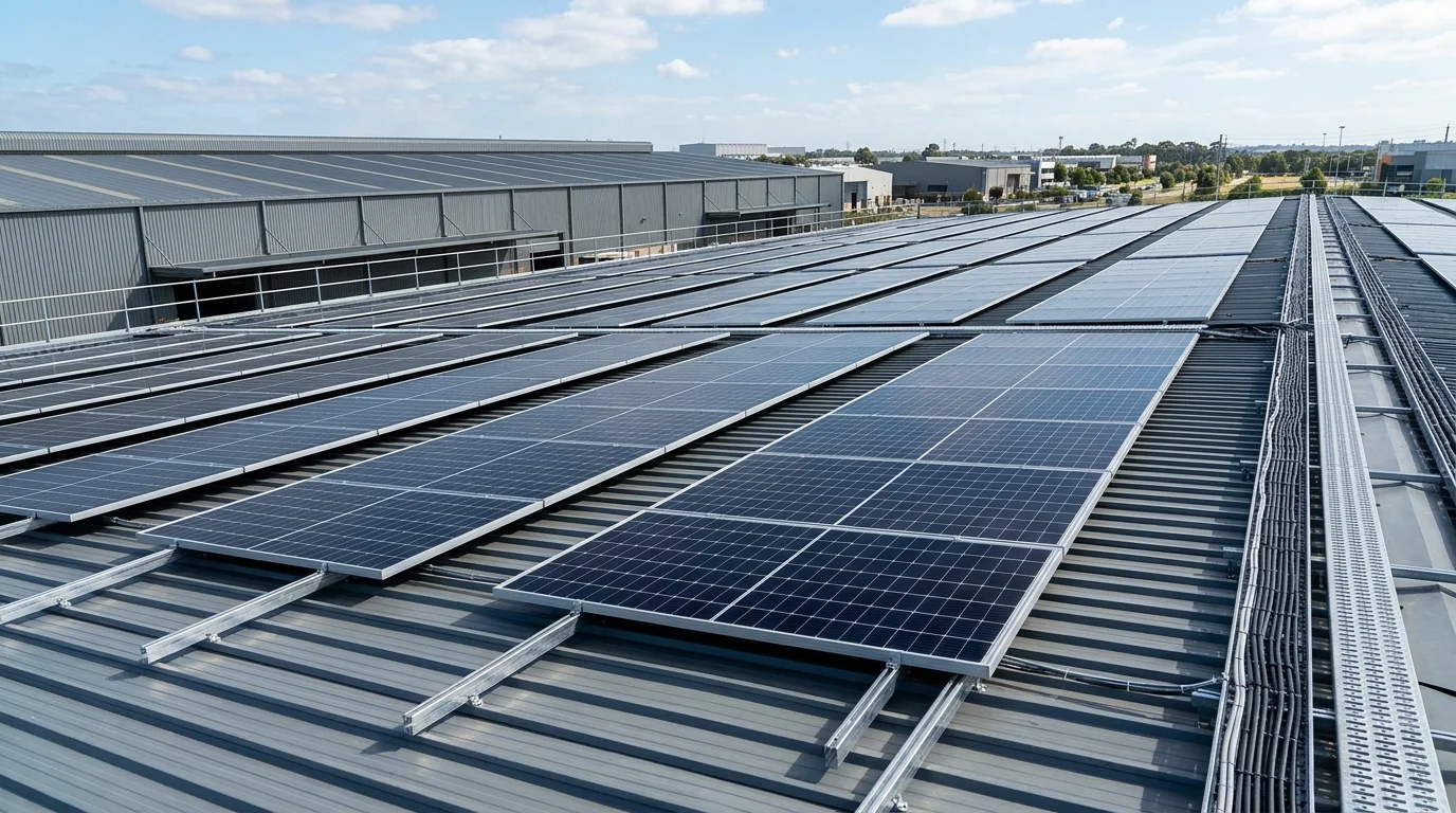 Dãy tấm pin JA Solar lắp đặt trên hệ giàn khung thép chắc chắn của một nhà xưởng công nghiệp