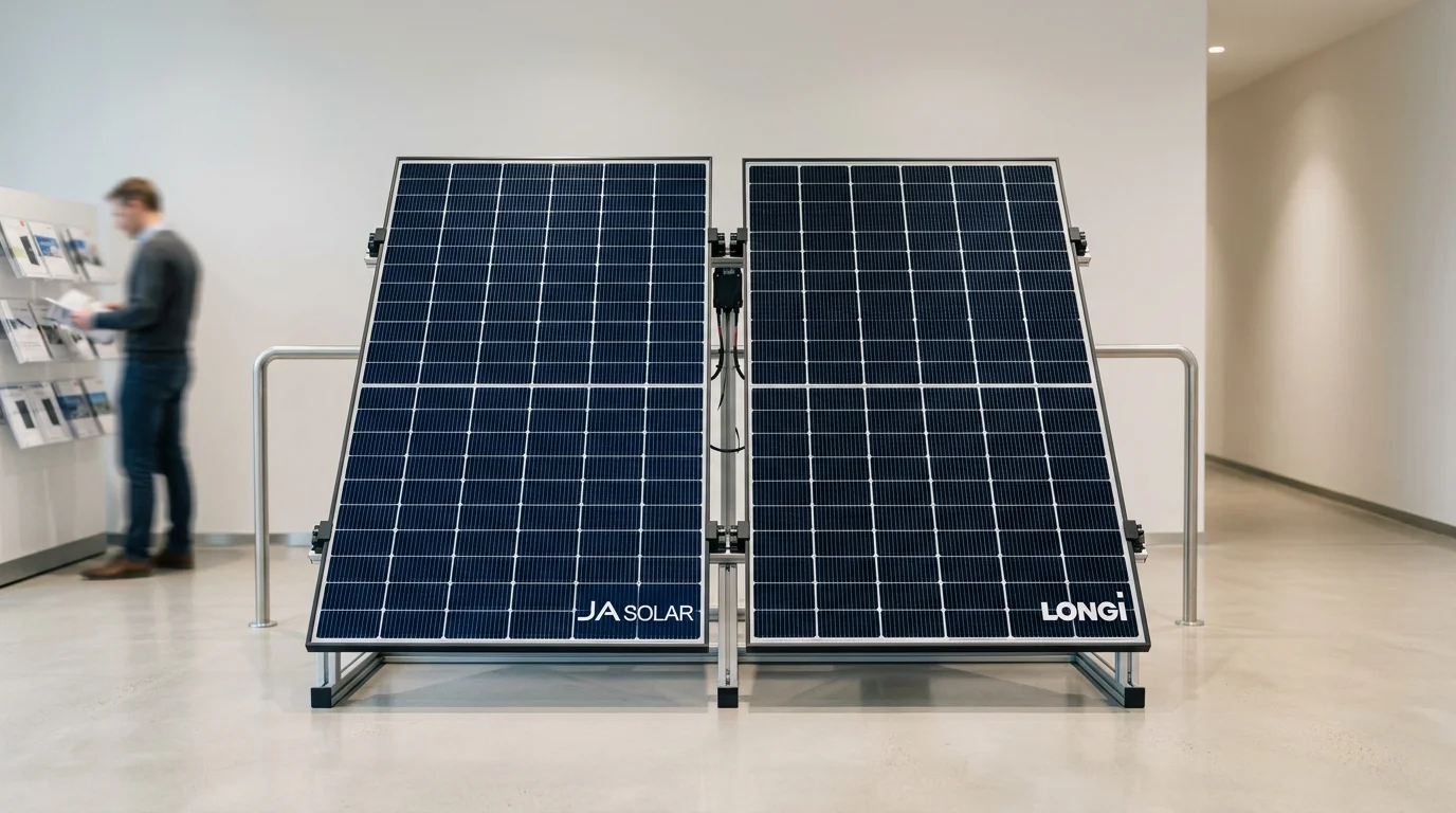 Hai tấm pin JA Solar và LONGi đặt cạnh nhau hiển thị cấu trúc cell pin và khung xương nhôm