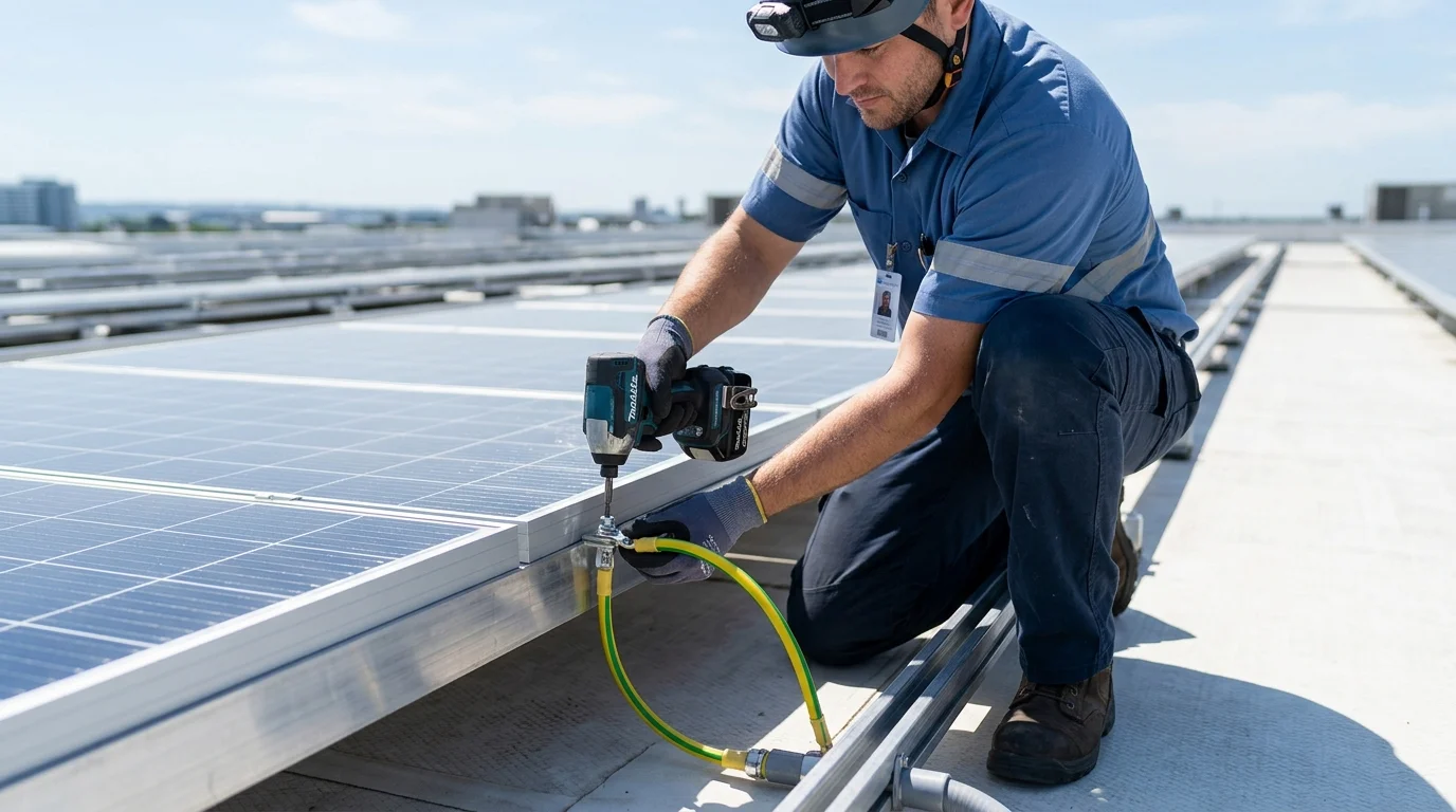 Kỹ sư điện đang đấu nối dây cáp tiếp địa màu vàng xanh vào khung nhôm tấm pin JA Solar