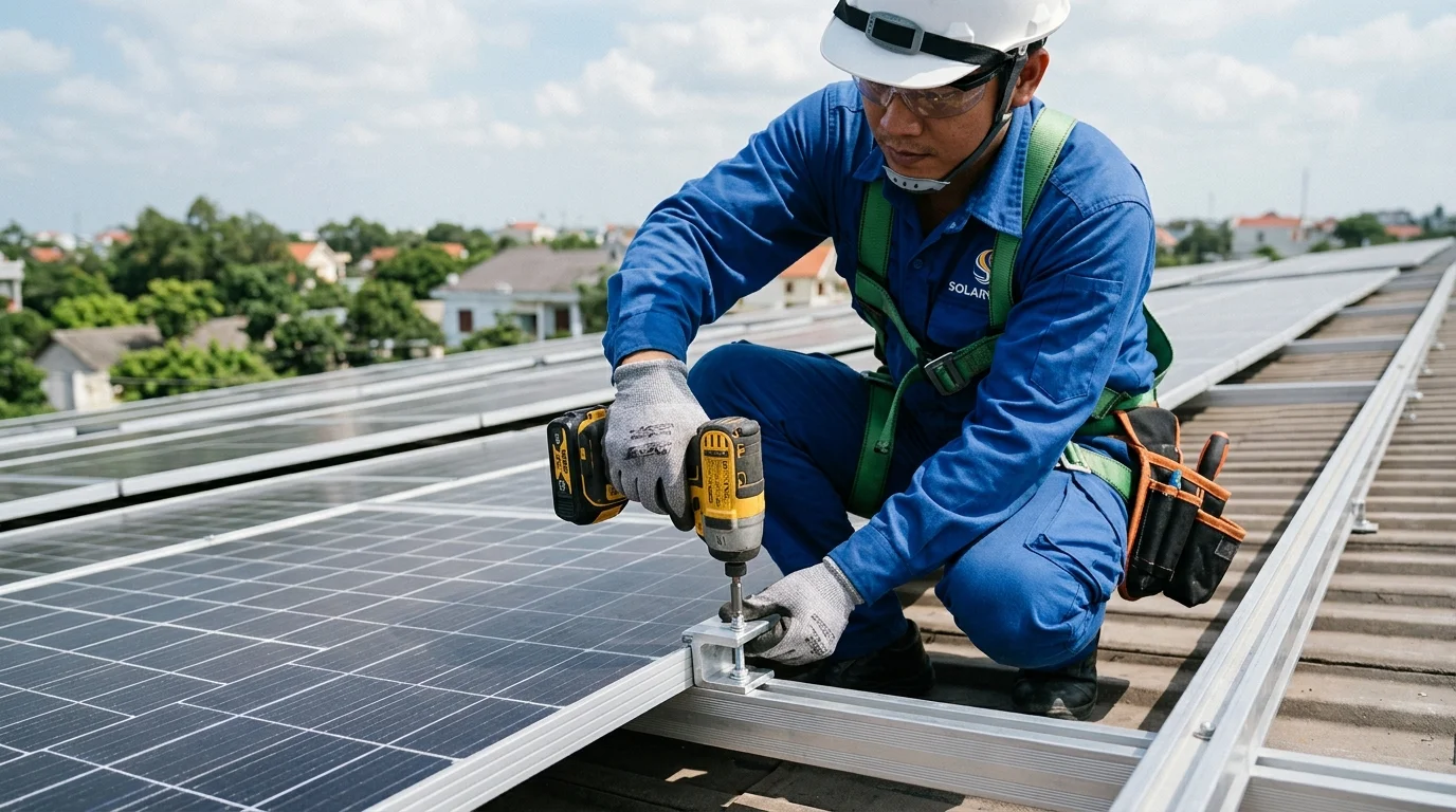 Kỹ sư solar đang siết kẹp định vị tấm pin LONGi vào thanh ray nhôm trên mái nhà