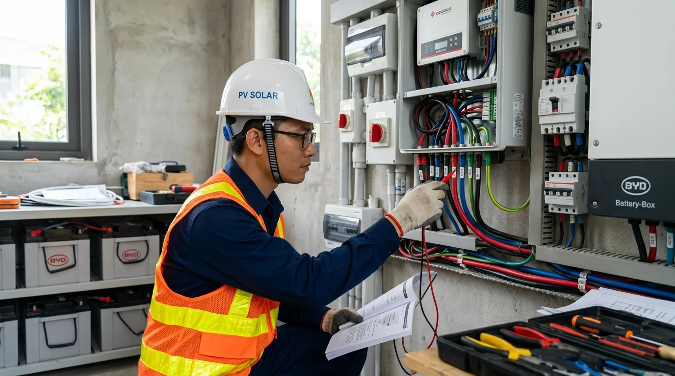 Kỹ sư Việt Nam kiểm tra đấu nối inverter hybrid Deye và Luxpower trong phòng kỹ thuật