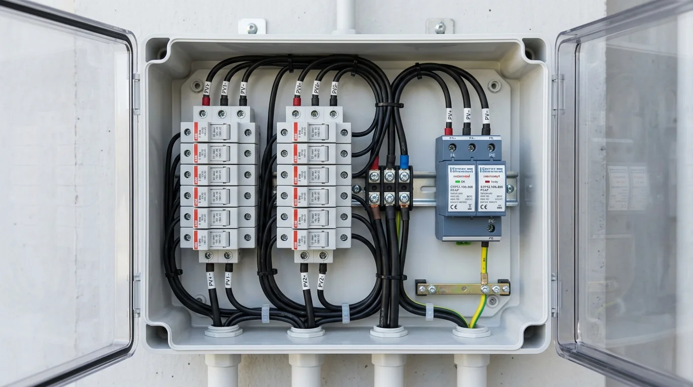 Tủ điện DC chứa các dãy cầu chì và thiết bị bảo vệ chống sét lan truyền SPD ngăn nắp