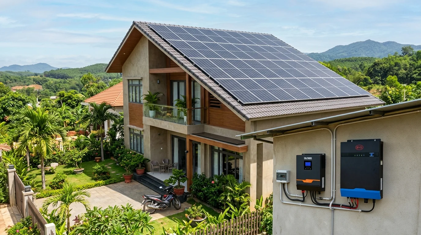 Hệ thống điện mặt trời hybrid 10kW lắp đặt trên mái nhà tại Gia Lai