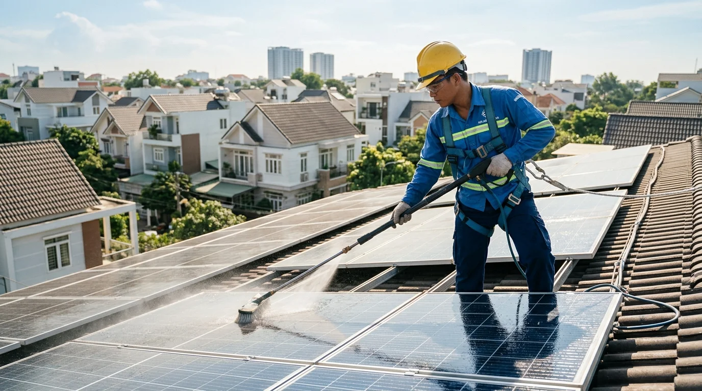 Kỹ thuật viên vệ sinh tấm pin mặt trời trên mái nhà