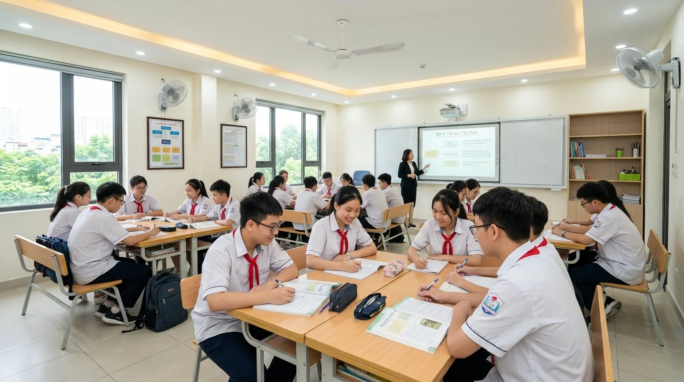 Học sinh học tập trong lớp học sáng sủa được cấp điện từ nguồn điện mặt trời sạch của trường