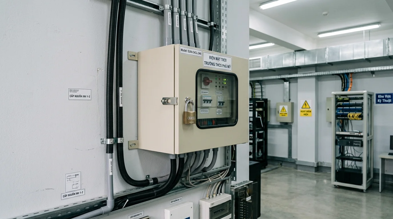 Tủ điện kỹ thuật khóa kín gắn cao trên tường phòng máy biệt lập của trường học