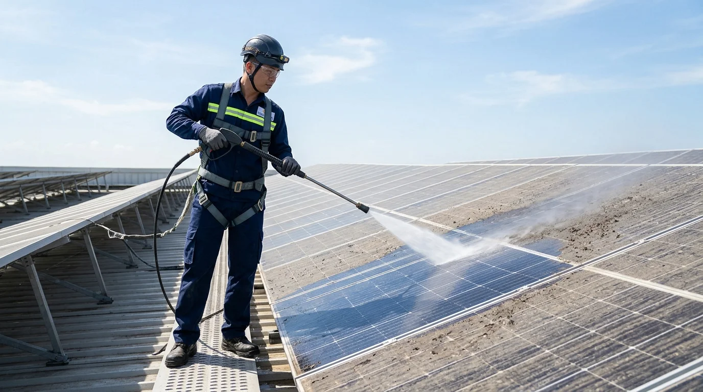 Nhân viên kỹ thuật chuyên nghiệp đang dùng vòi nước áp lực cao vệ sinh bụi bẩn trên mái pin trường học