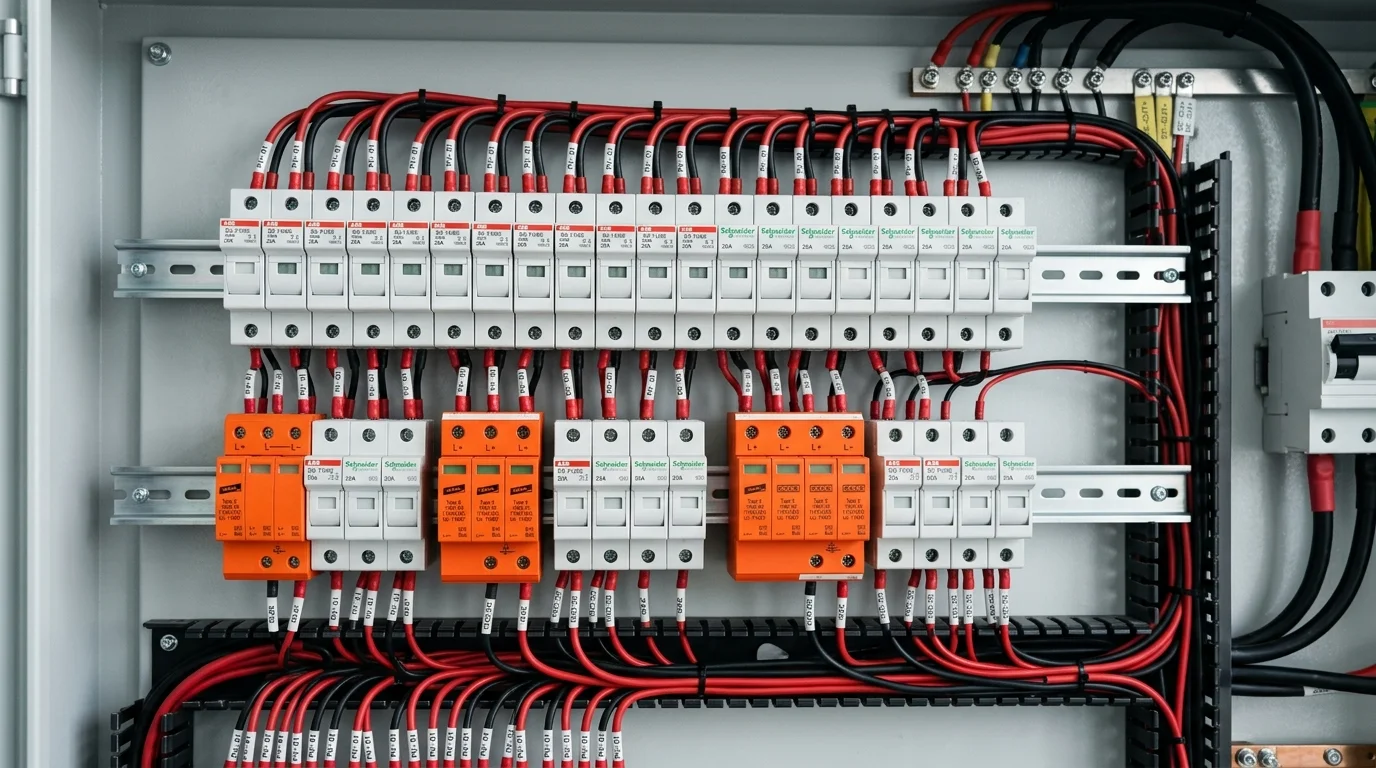 Bên trong tủ điện DC lớn được bố trí lắp ráp khoa học - Thiết kế tủ điện cho hệ thống solar công suất lớn
