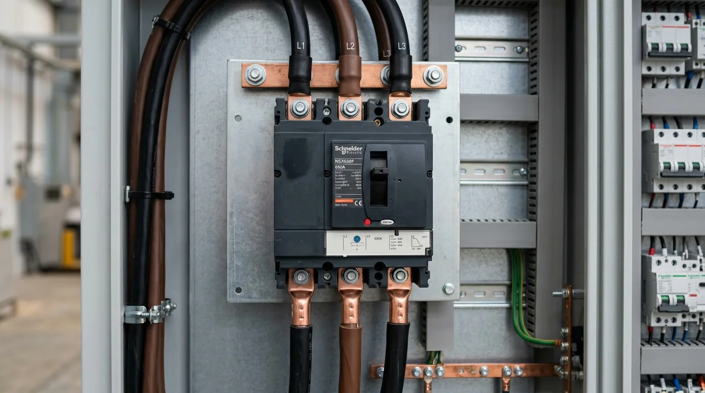 Cận cảnh aptomat khối MCCB màu đen lớn lắp đặt chắc chắn trong tủ điện AC phân phối chính