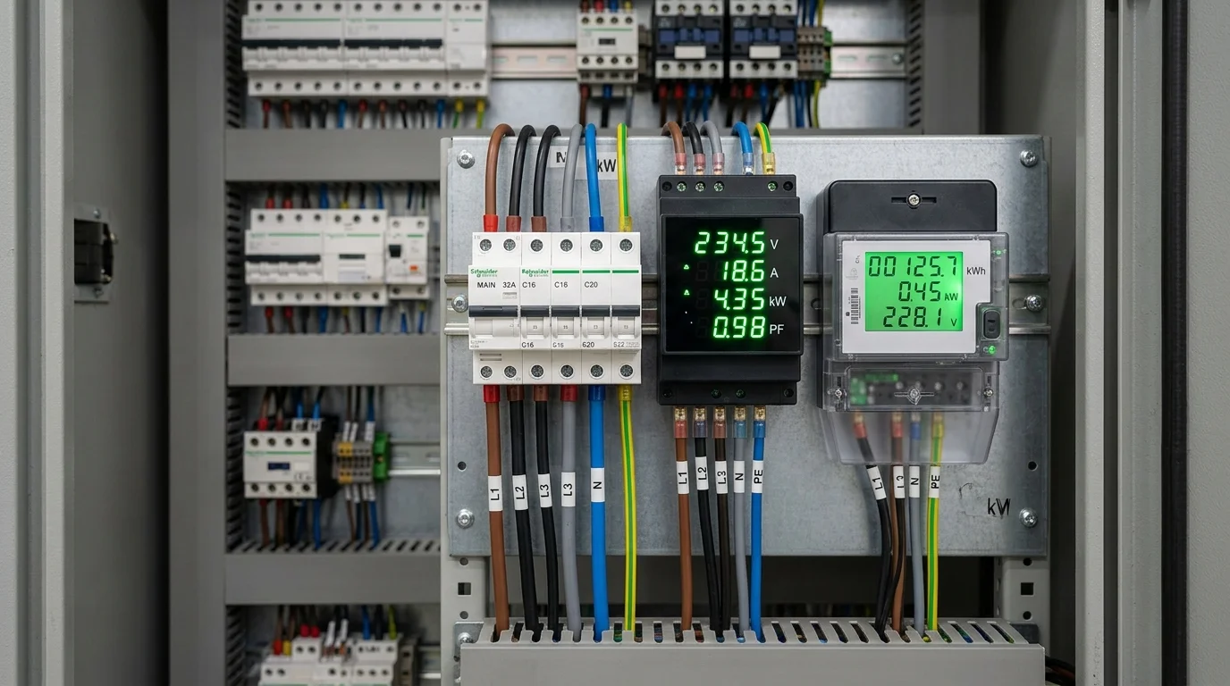 Bộ điều khiển bám tải smart meter kỹ thuật số hiển thị các dòng số điện tử sáng xanh trong tủ điện AC