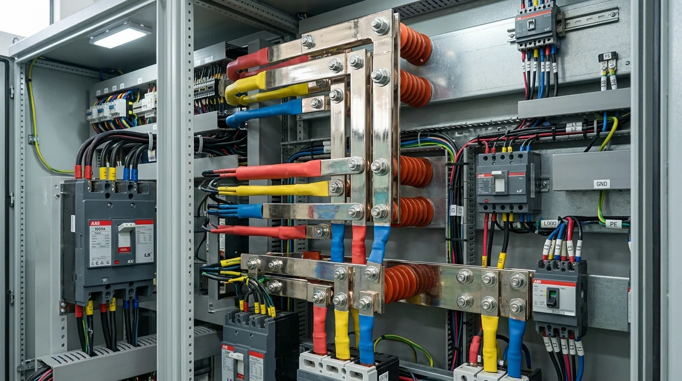 Tủ điện công nghiệp lớn mở cửa hiển thị các thanh busbar đồng dày sáng loáng kết nối gọn gàng