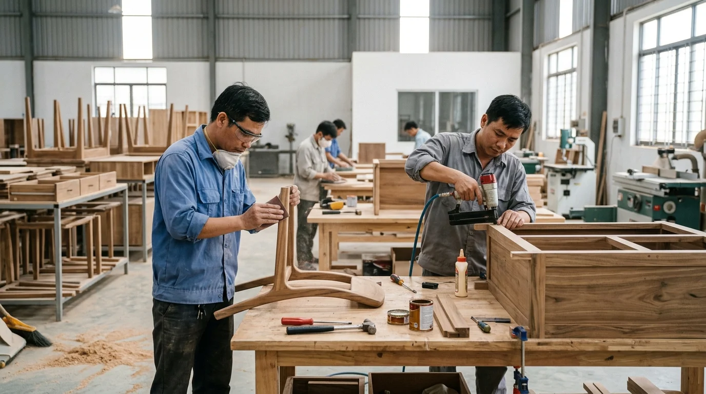 Công nhân đang chà nhám và lắp ráp các cấu kiện đồ gỗ nội thất trong xưởng sản xuất và lắp solar cho xưởng nội thất